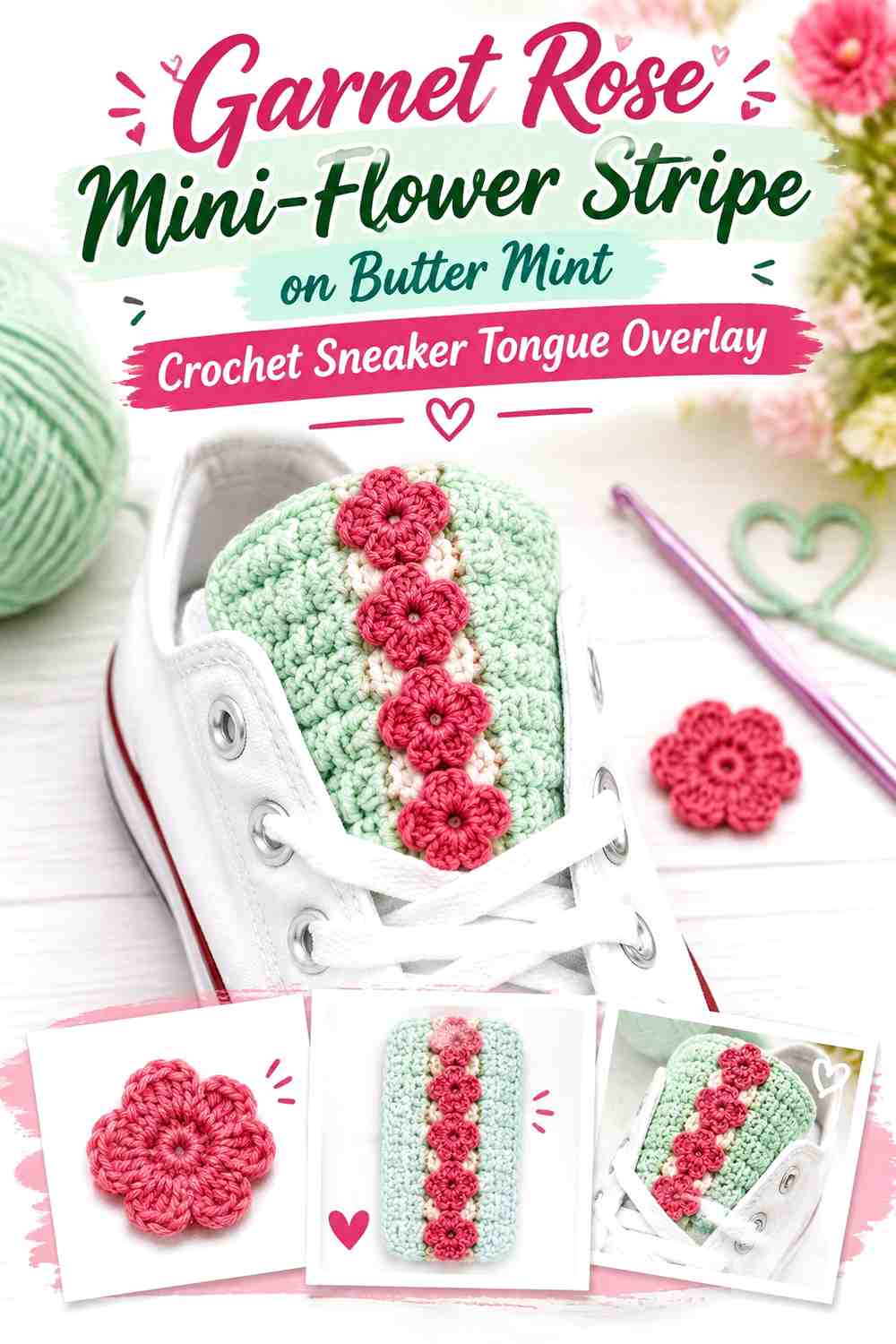 Garnet Rose Mini-Flower Stripe on Butter Mint Crochet Sneaker Tongue Overlay