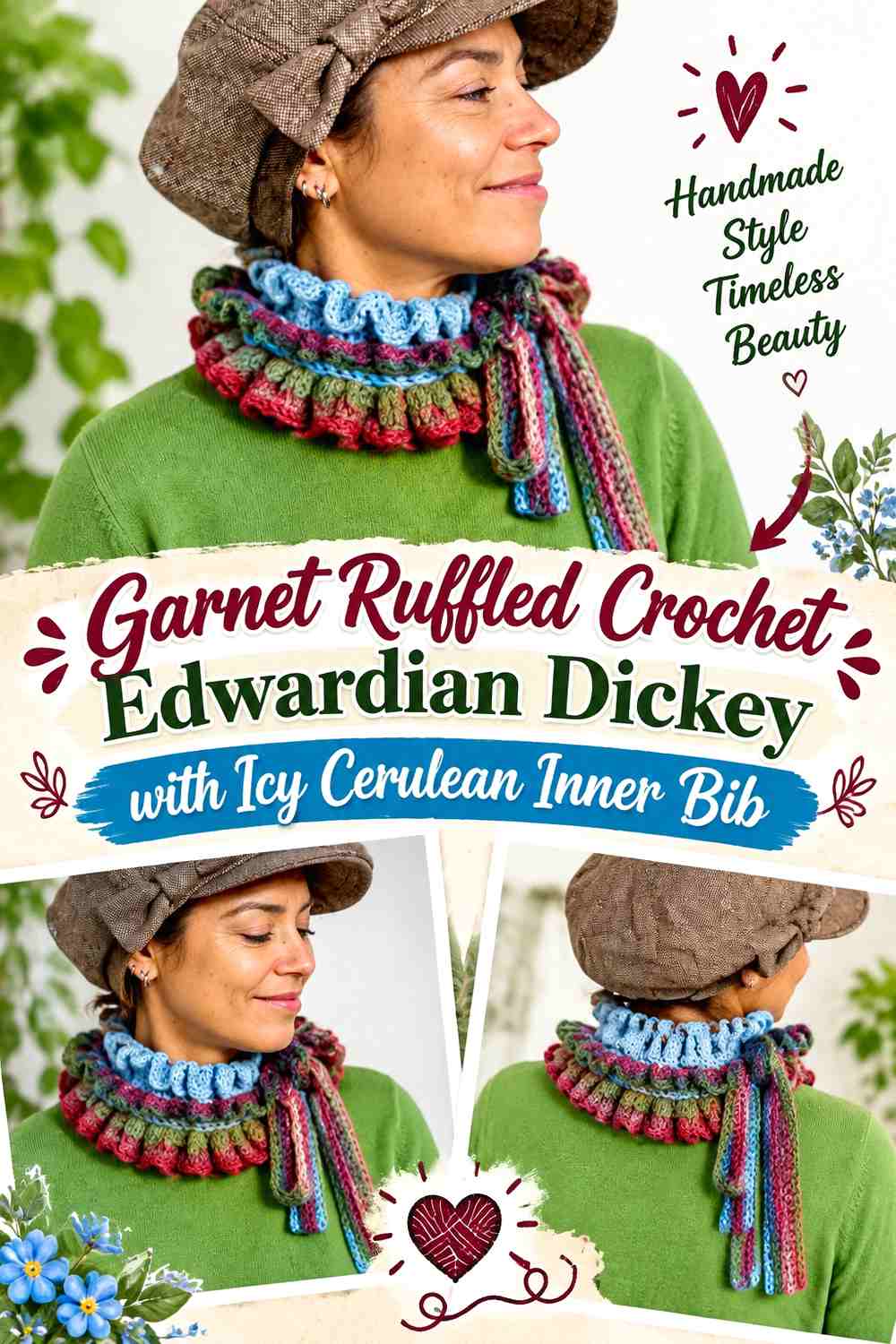 Garnet Ruffled Crochet Edwardian Dickey with Icy Cerulean Inner Bib