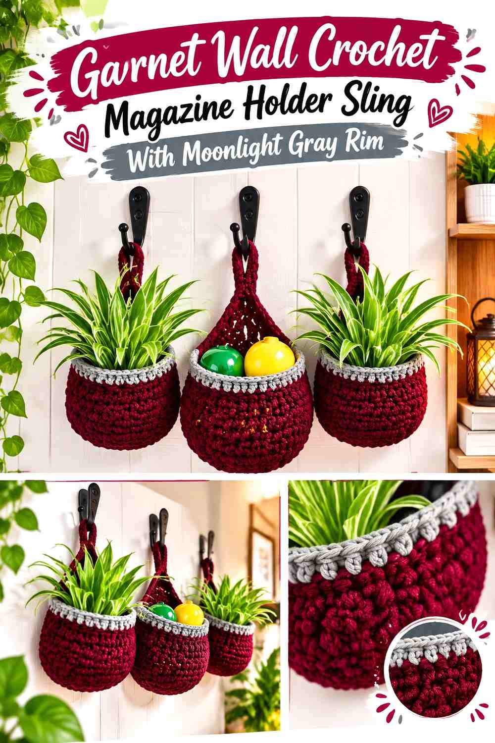 10. Garnet Wall Crochet Magazine Holder Sling With Moonlight Gray Rim