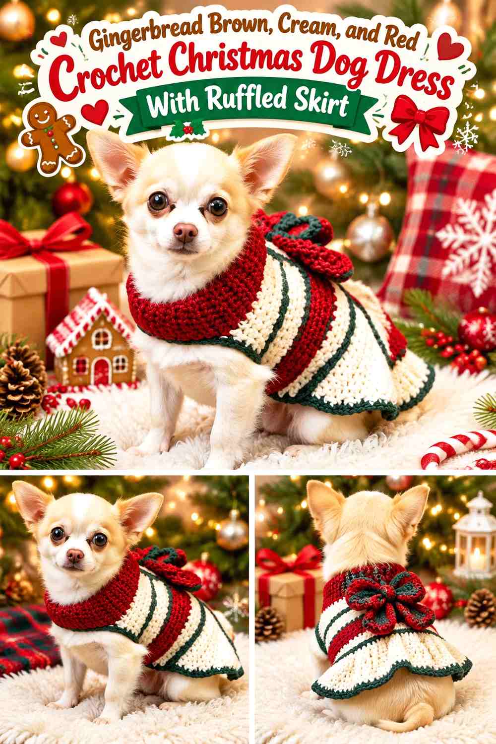 Gingerbread Brown, Cream, and Red Crochet Christmas Dog Dress With Ruffled Skirt