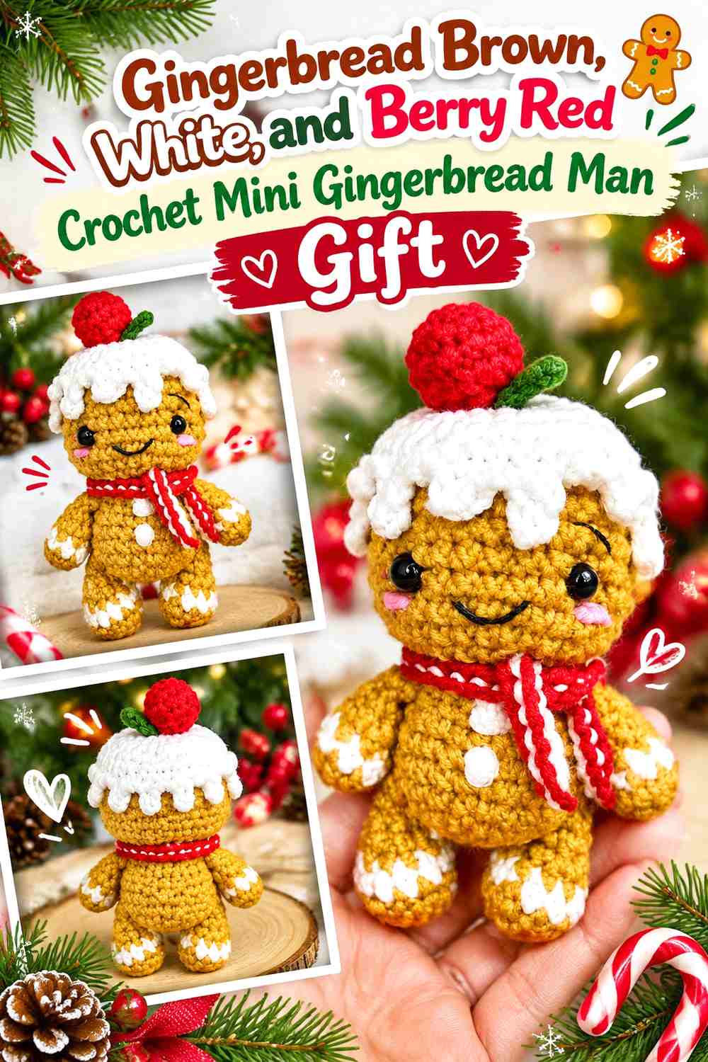 Gingerbread Brown, White, and Berry Red Crochet Mini Gingerbread Man Gift