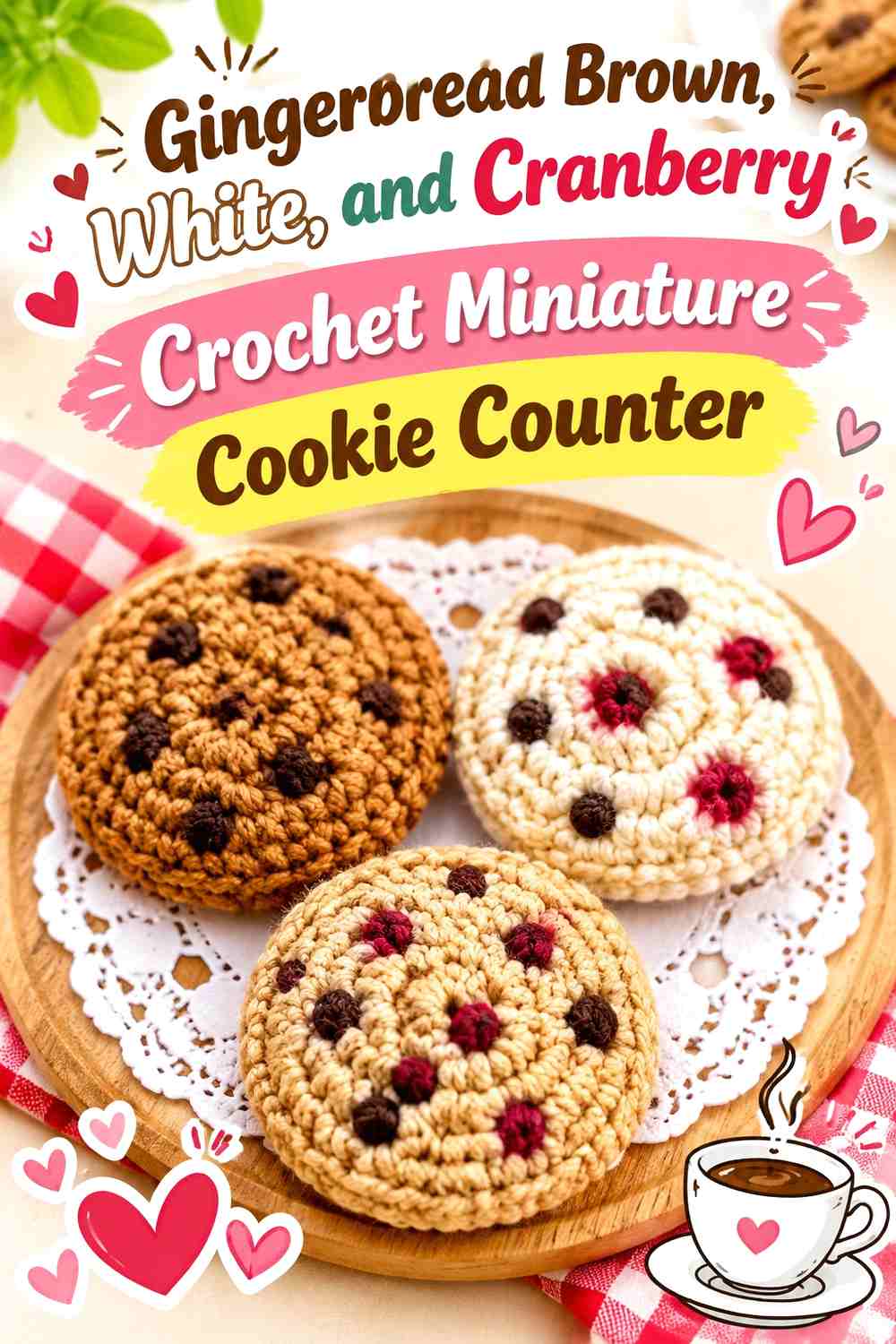 Gingerbread Brown, White, and Cranberry Crochet Miniature Cookie Counter