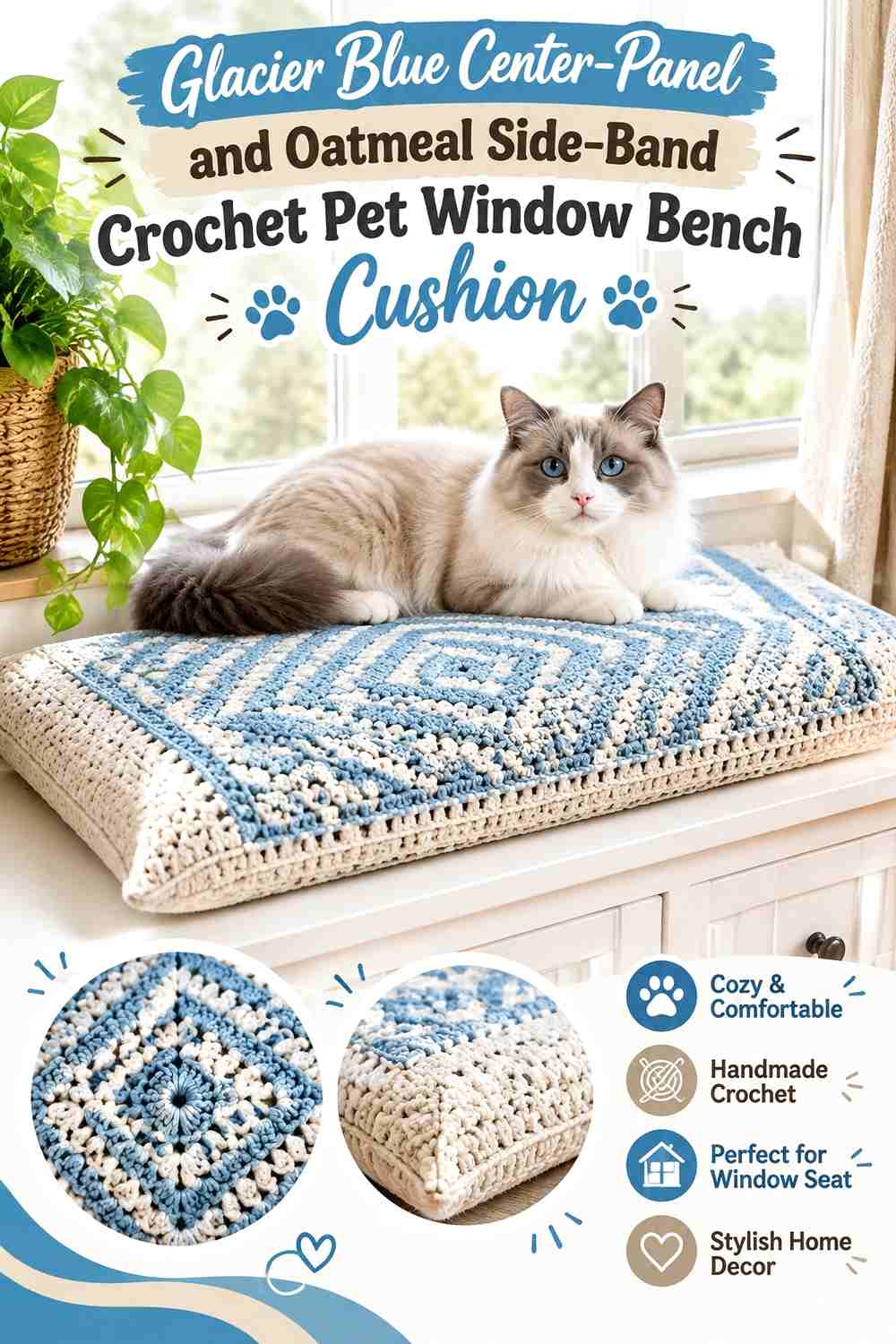 Glacier Blue Center-Panel and Oatmeal Side-Band Crochet Pet Window Bench Cushion