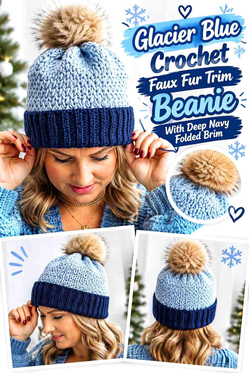 Glacier Blue Crochet Faux Fur Trim Beanie With Deep Navy Folded Brim