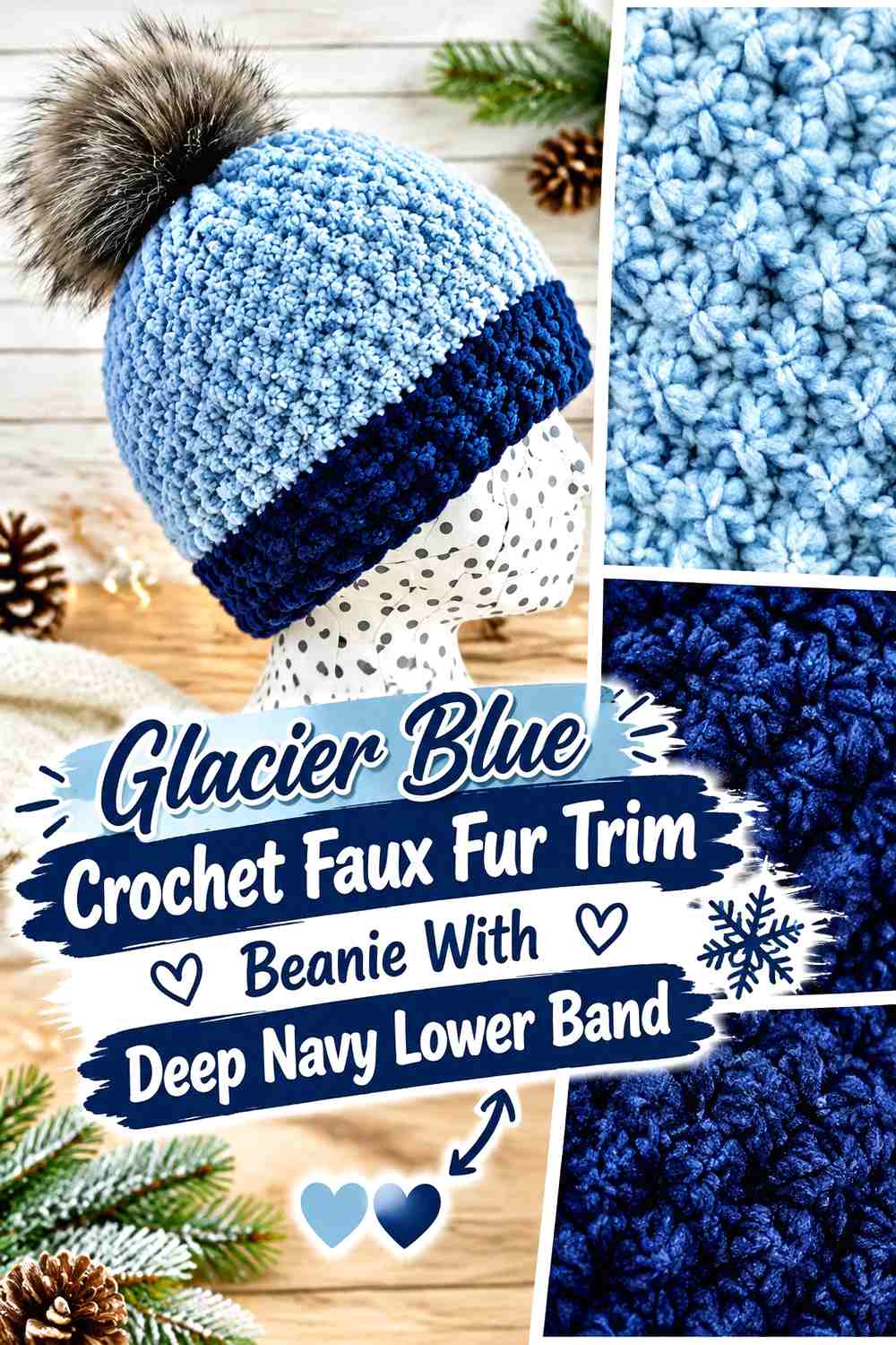 Glacier Blue Crochet Faux Fur Trim Beanie With Deep Navy Lower Band