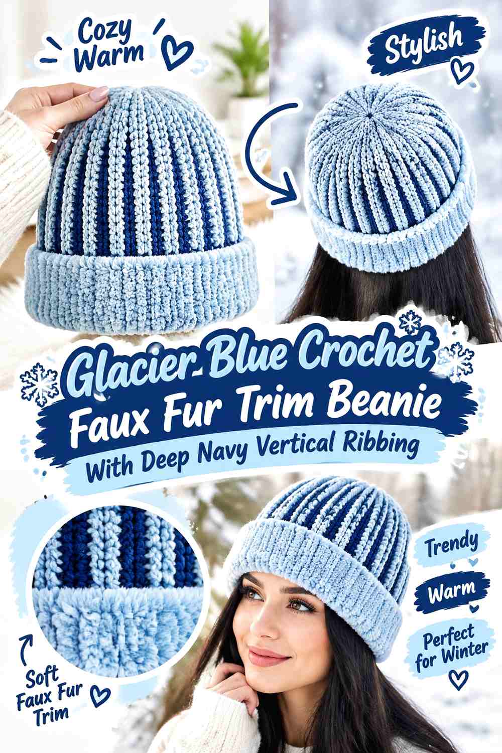 Glacier Blue Crochet Faux Fur Trim Beanie With Deep Navy Vertical Ribbing