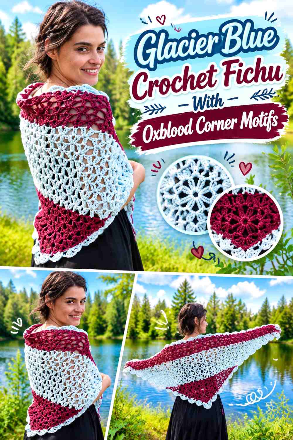Glacier Blue Crochet Fichu With Oxblood Corner Motifs