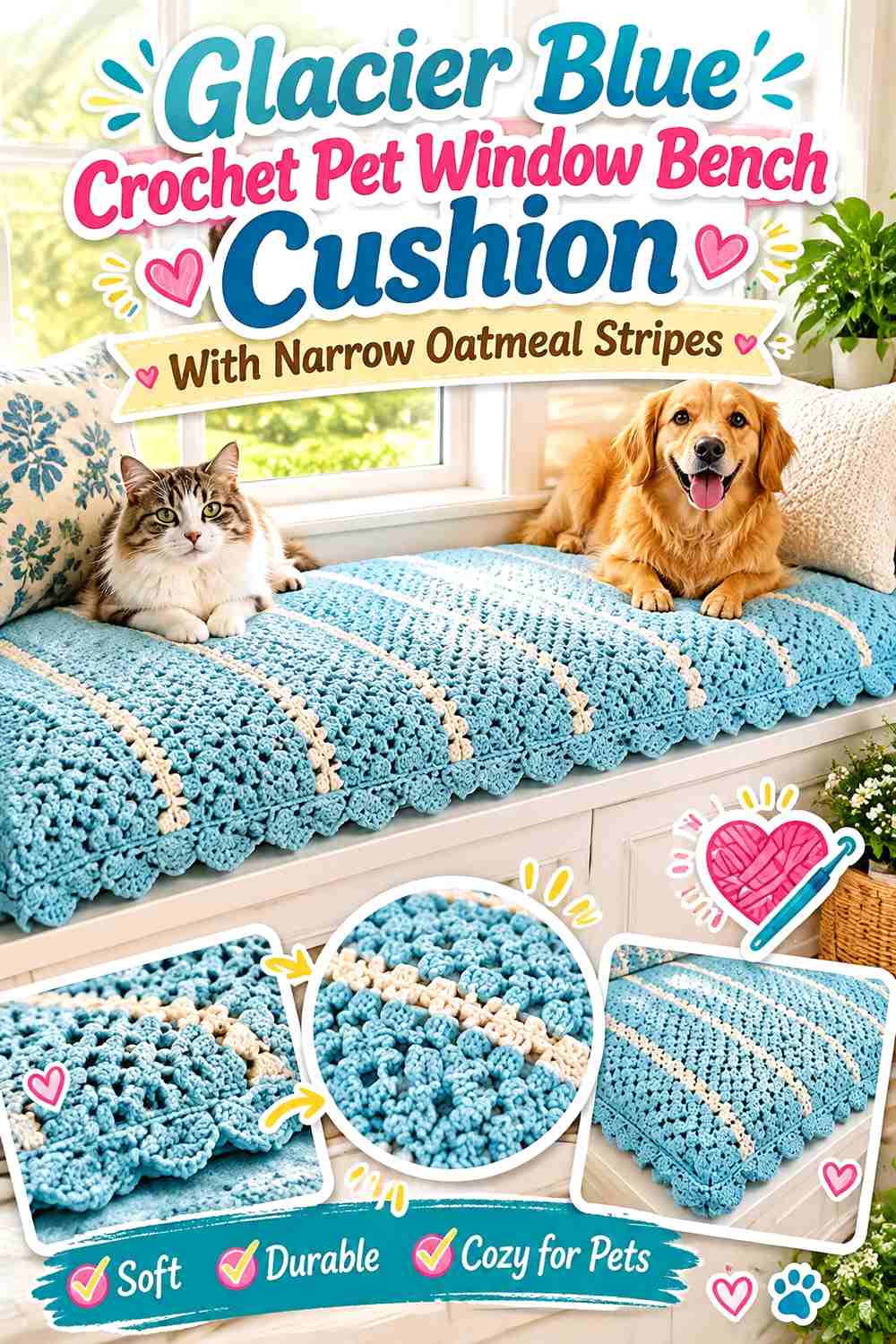 Glacier Blue Crochet Pet Window Bench Cushion With Narrow Oatmeal Stripes