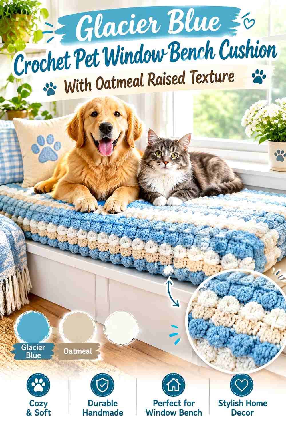 Glacier Blue Crochet Pet Window Bench Cushion With Oatmeal Raised Texture