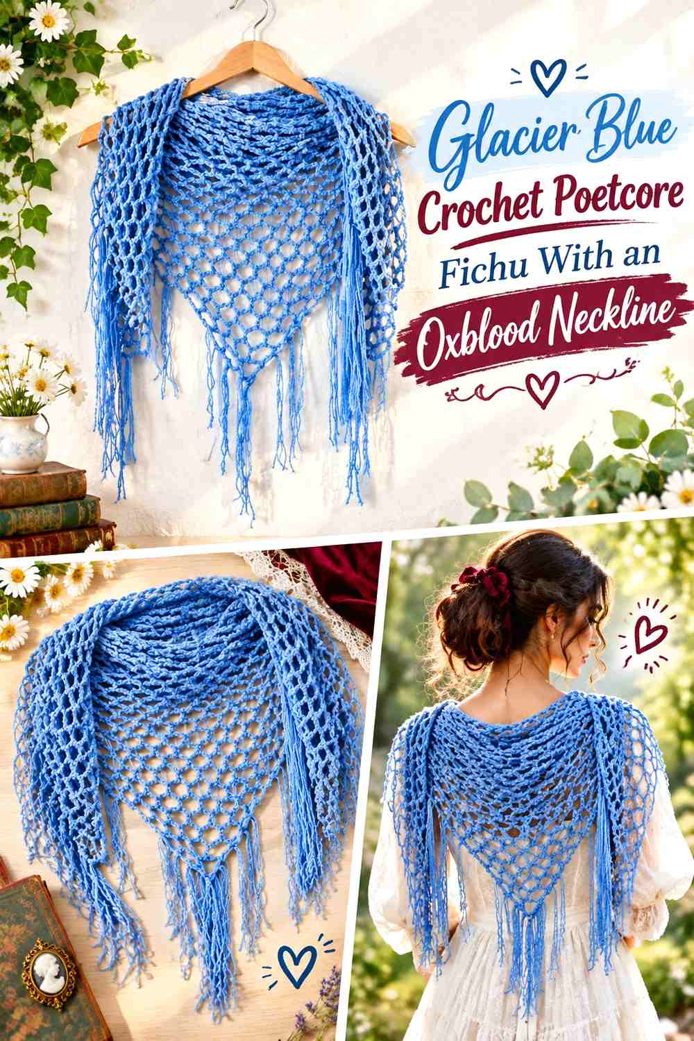 Glacier Blue Crochet Poetcore Fichu With an Oxblood Neckline