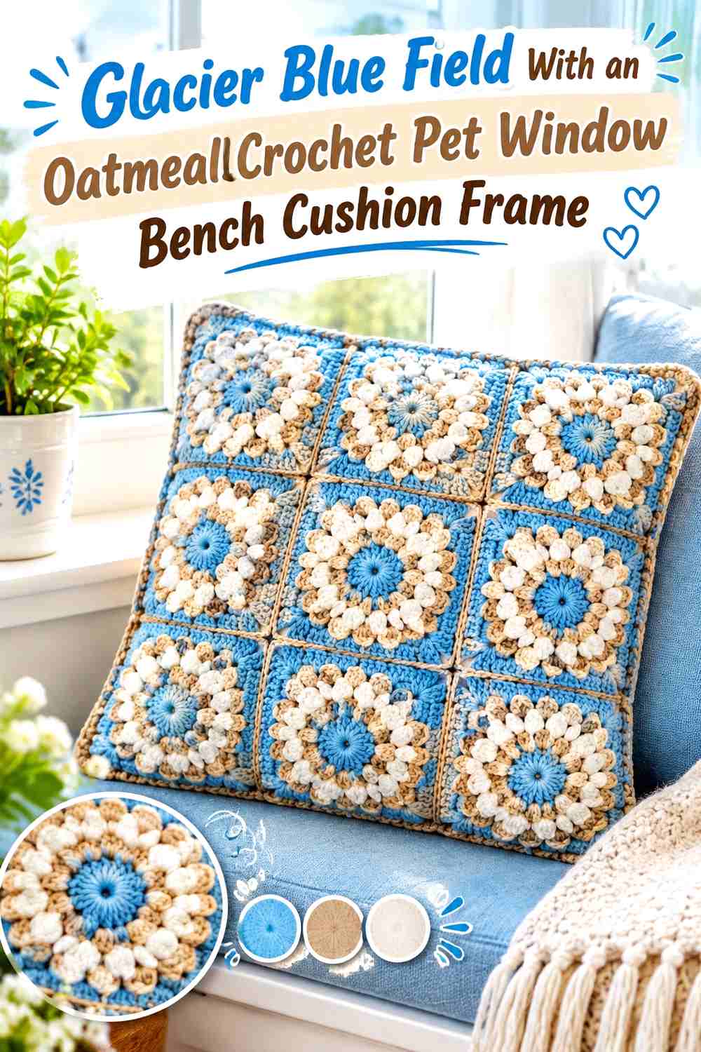 Glacier Blue Field With an Oatmeal Crochet Pet Window Bench Cushion Frame