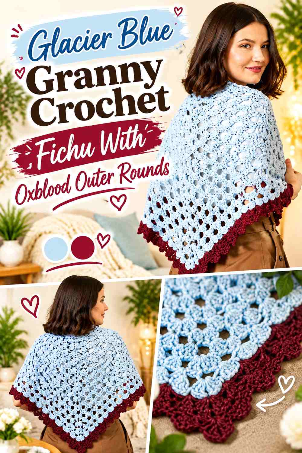 Glacier Blue Granny Crochet Fichu With Oxblood Outer Rounds
