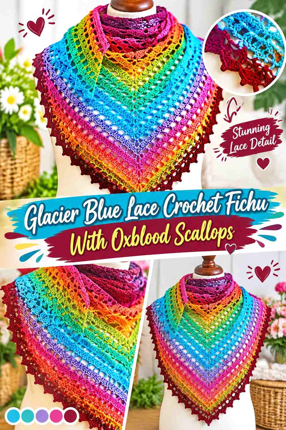 Glacier Blue Lace Crochet Fichu With Oxblood Scallops