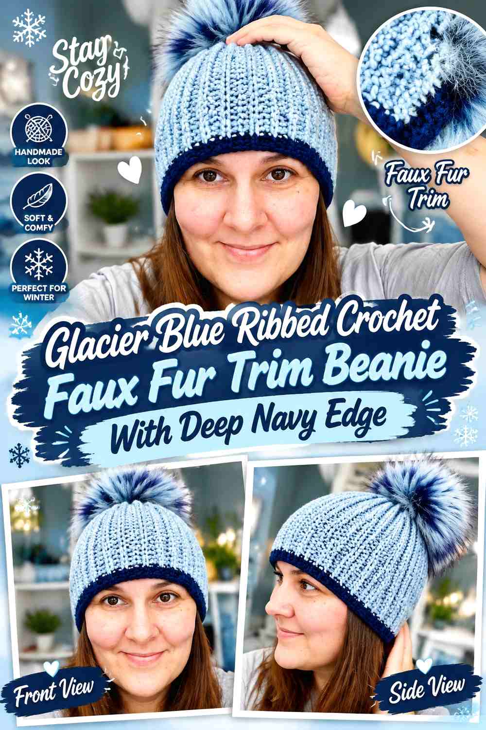 Glacier Blue Ribbed Crochet Faux Fur Trim Beanie With Deep Navy Edge