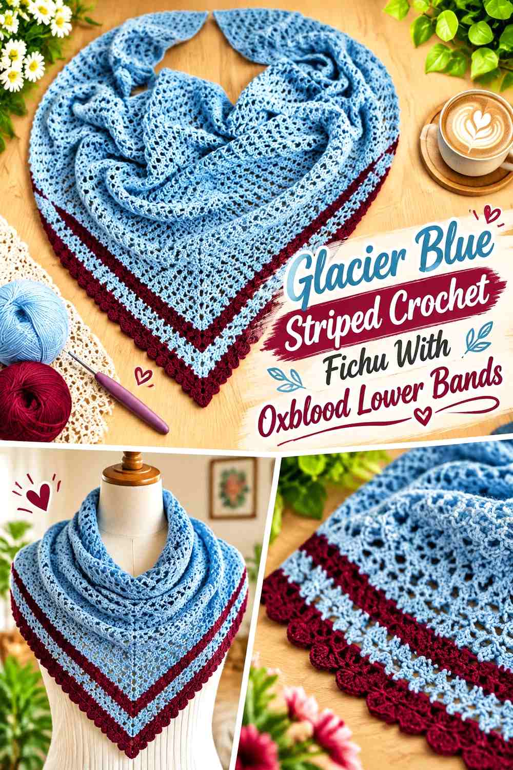 Glacier Blue Striped Crochet Fichu With Oxblood Lower Bands