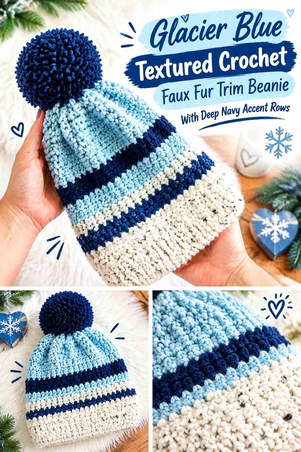 Glacier Blue Textured Crochet Faux Fur Trim Beanie With Deep Navy Accent Rows