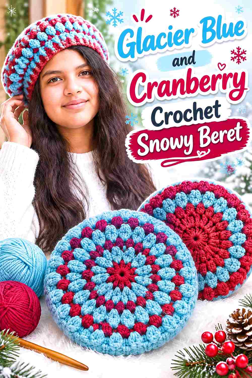 10. Glacier Blue And Cranberry Crochet Snowy Beret