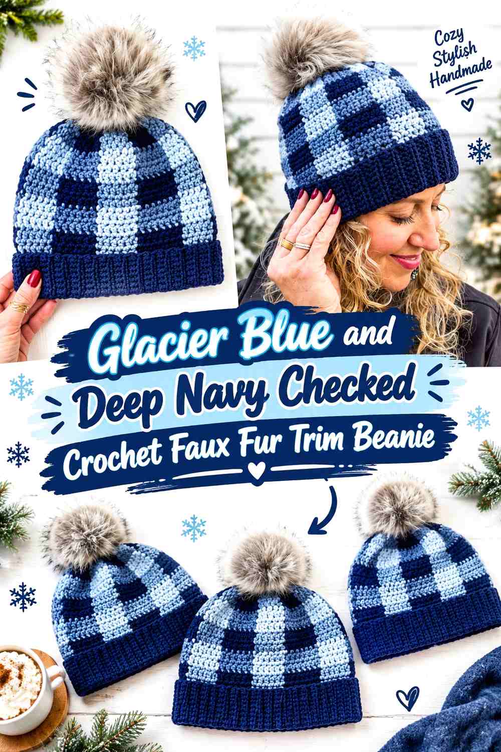 Glacier Blue and Deep Navy Checked Crochet Faux Fur Trim Beanie