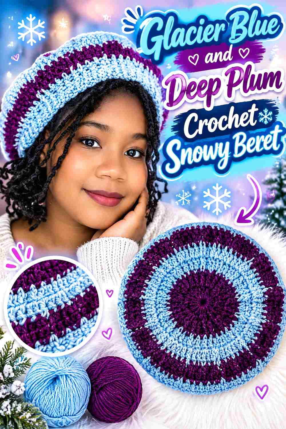 11. Glacier Blue And Deep Plum Crochet Snowy Beret