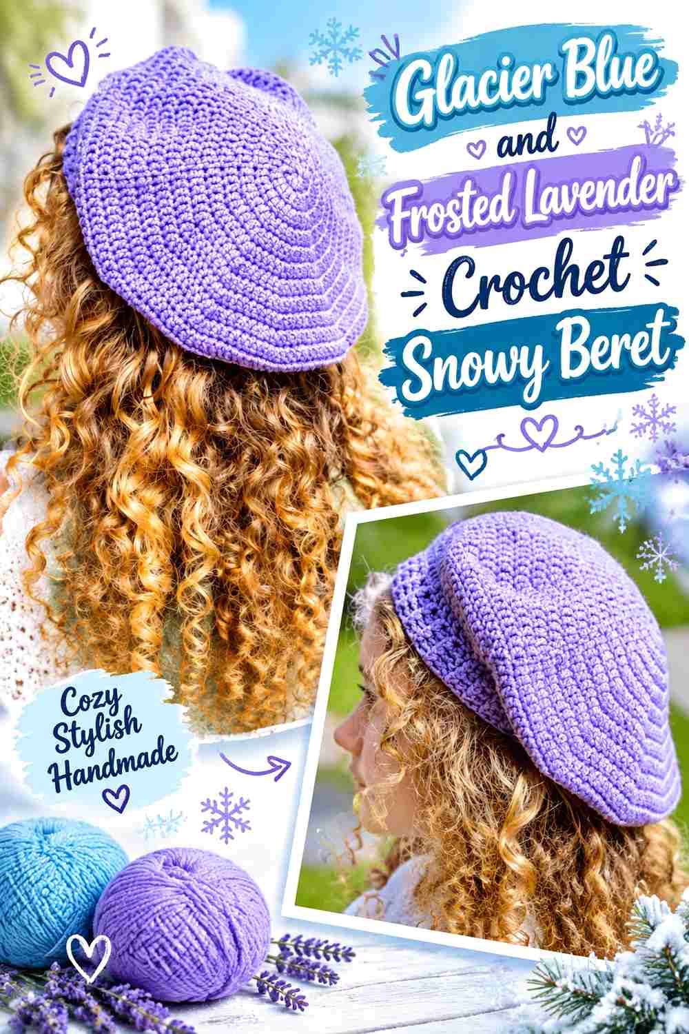 4. Glacier Blue And Frosted Lavender Crochet Snowy Beret