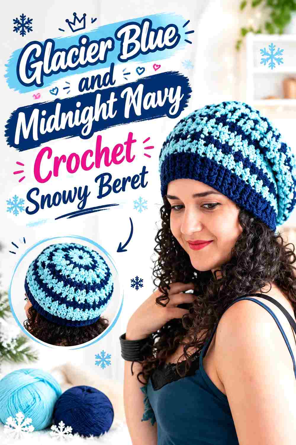 3. Glacier Blue And Midnight Navy Crochet Snowy Beret