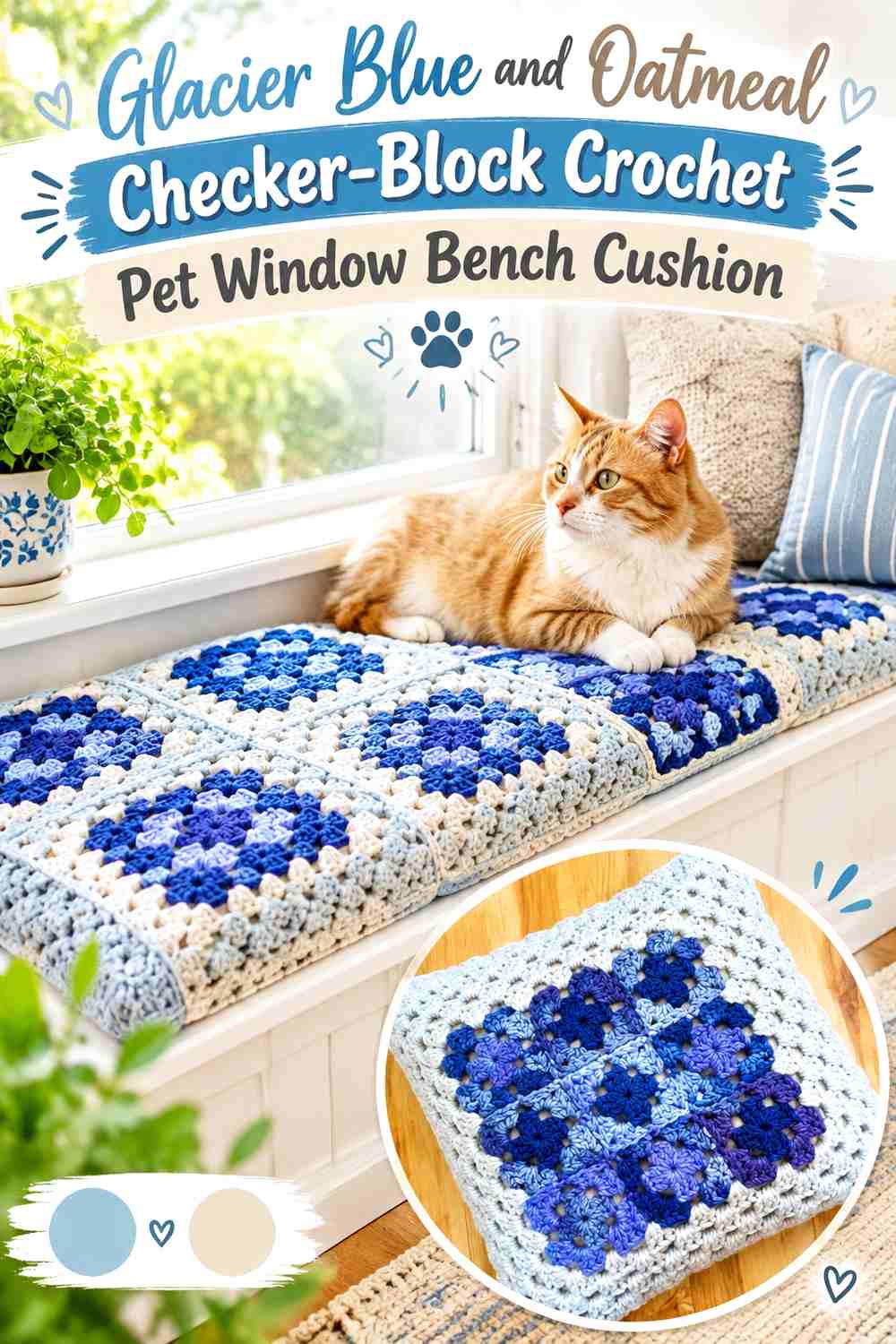 Glacier Blue and Oatmeal Checker-Block Crochet Pet Window Bench Cushion