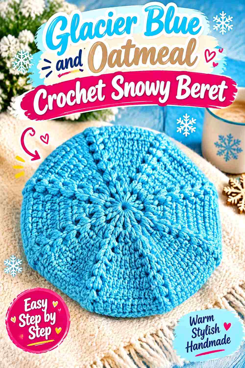 8. Glacier Blue And Oatmeal Crochet Snowy Beret
