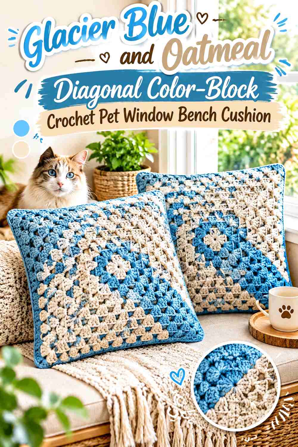 Glacier Blue and Oatmeal Diagonal Color-Block Crochet Pet Window Bench Cushion