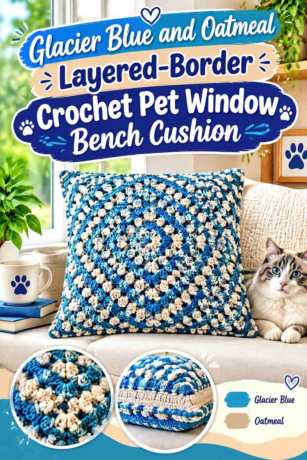 Glacier Blue and Oatmeal Layered-Border Crochet Pet Window Bench Cushion