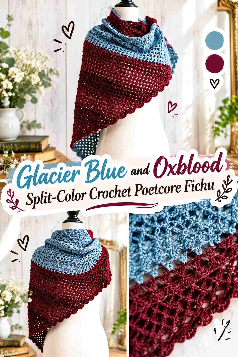 Glacier Blue and Oxblood Split-Color Crochet Poetcore Fichu