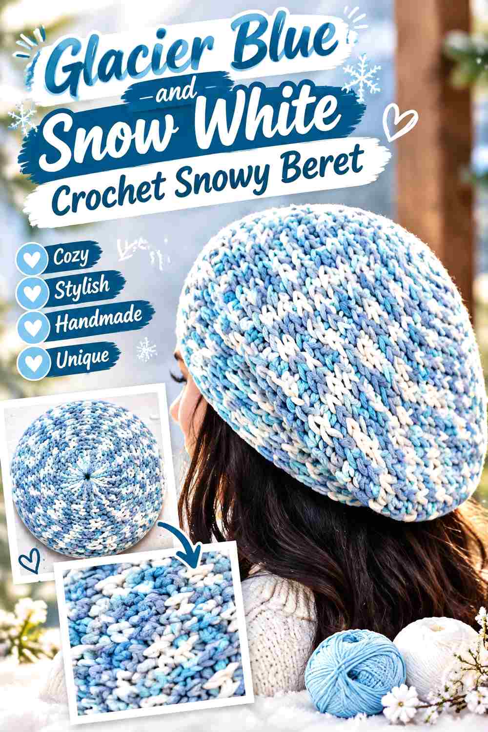 1. Glacier Blue And Snow White Crochet Snowy Beret