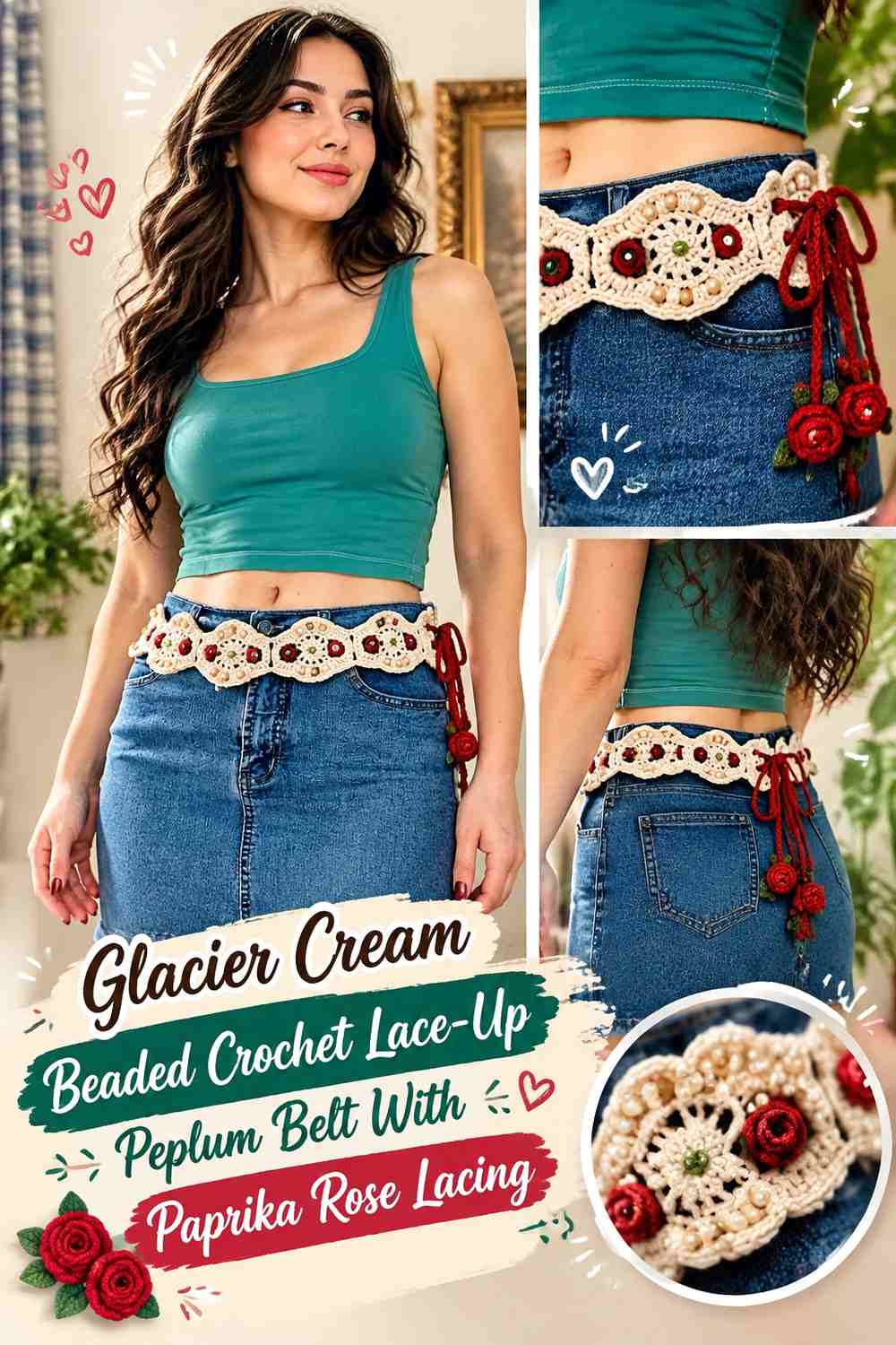 Glacier Cream Beaded Crochet Lace-Up Peplum Belt With Paprika Rose Lacing