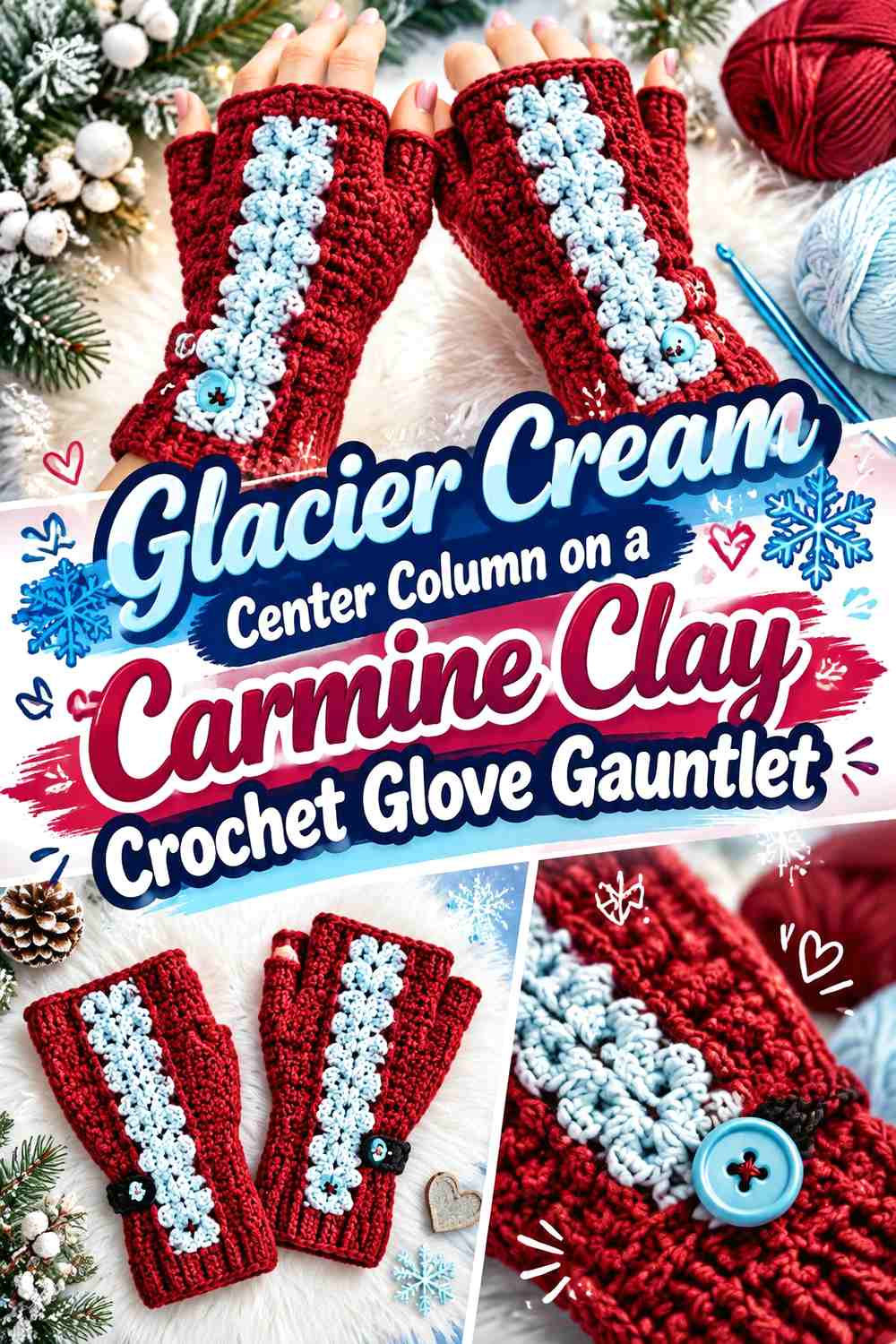 Glacier Cream Center Column on a Carmine Clay Crochet Glove Gauntlet