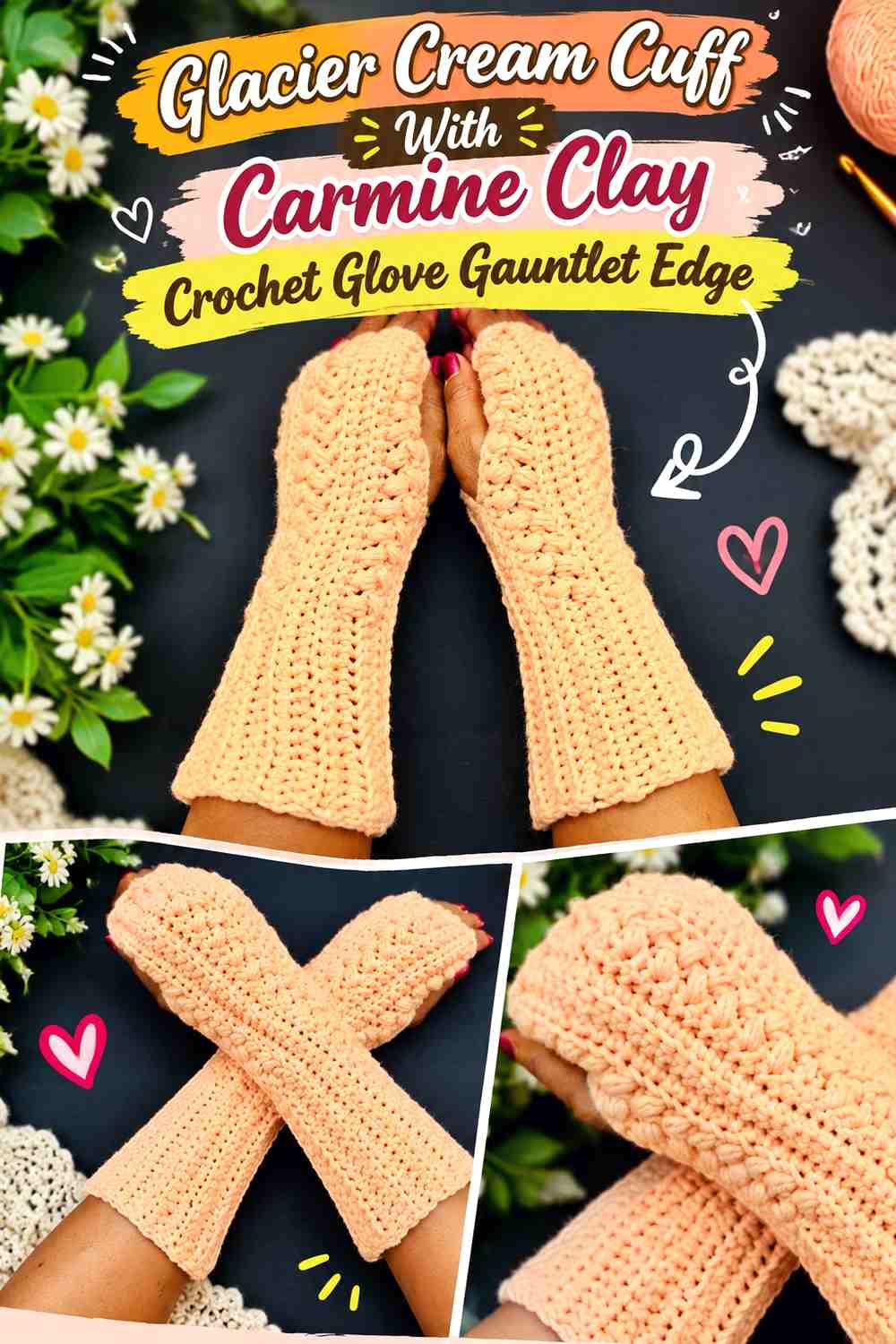 Glacier Cream Cuff With Carmine Clay Crochet Glove Gauntlet Edge