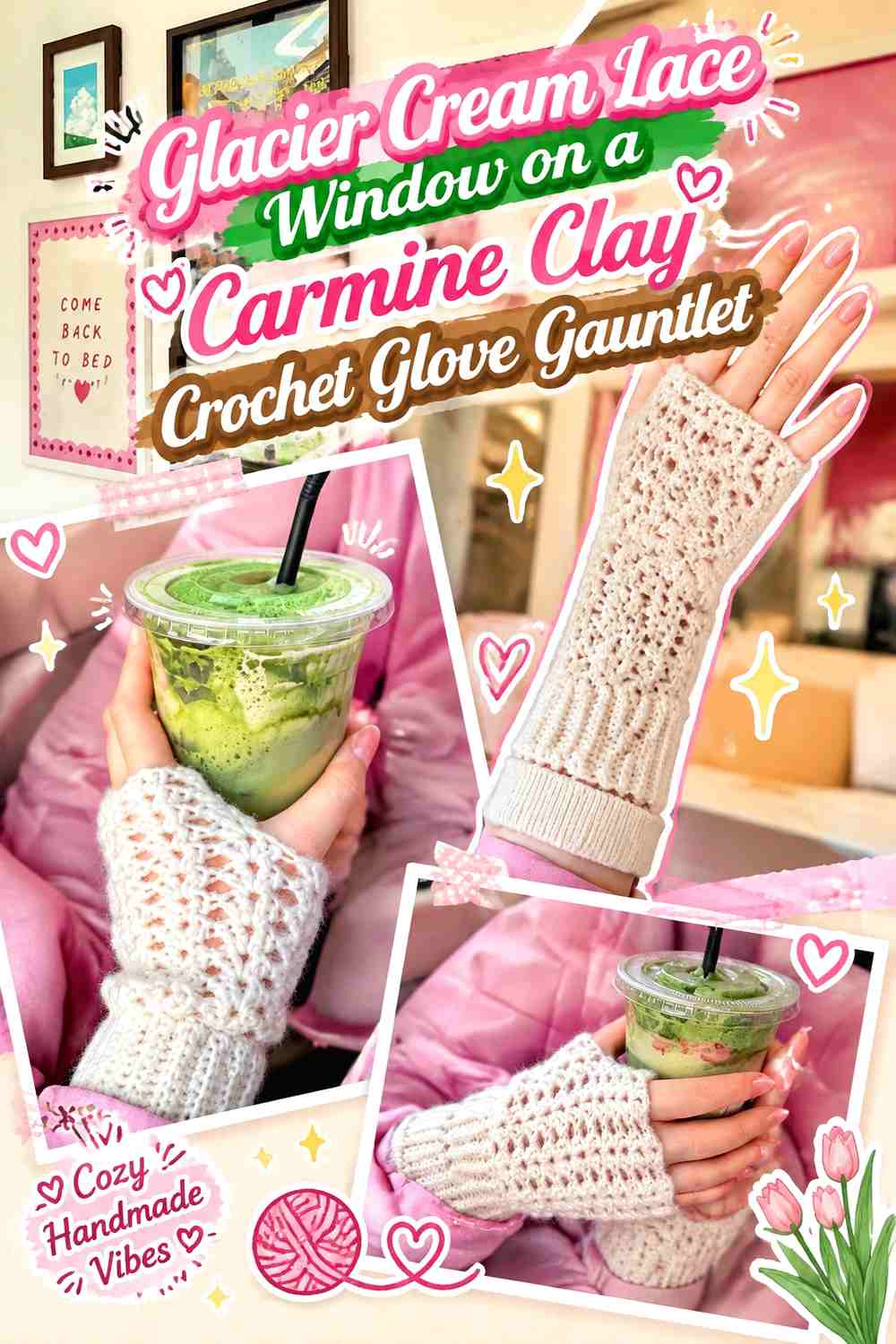 Glacier Cream Lace Window on a Carmine Clay Crochet Glove Gauntlet