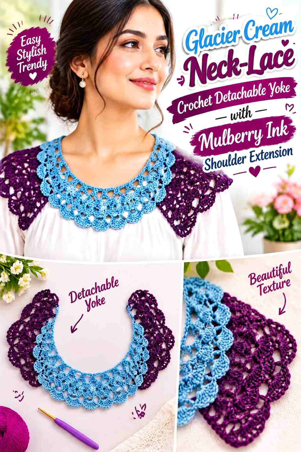 Glacier Cream Neck-Lace Crochet Detachable Yoke with Mulberry Ink Shoulder Extension