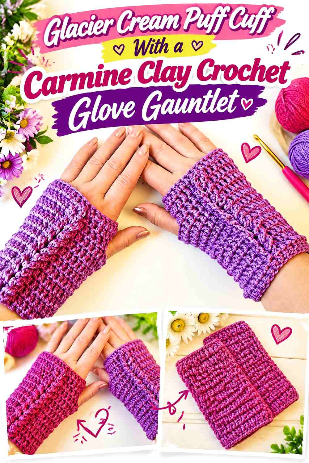 Glacier Cream Puff Cuff With a Carmine Clay Crochet Glove Gauntlet