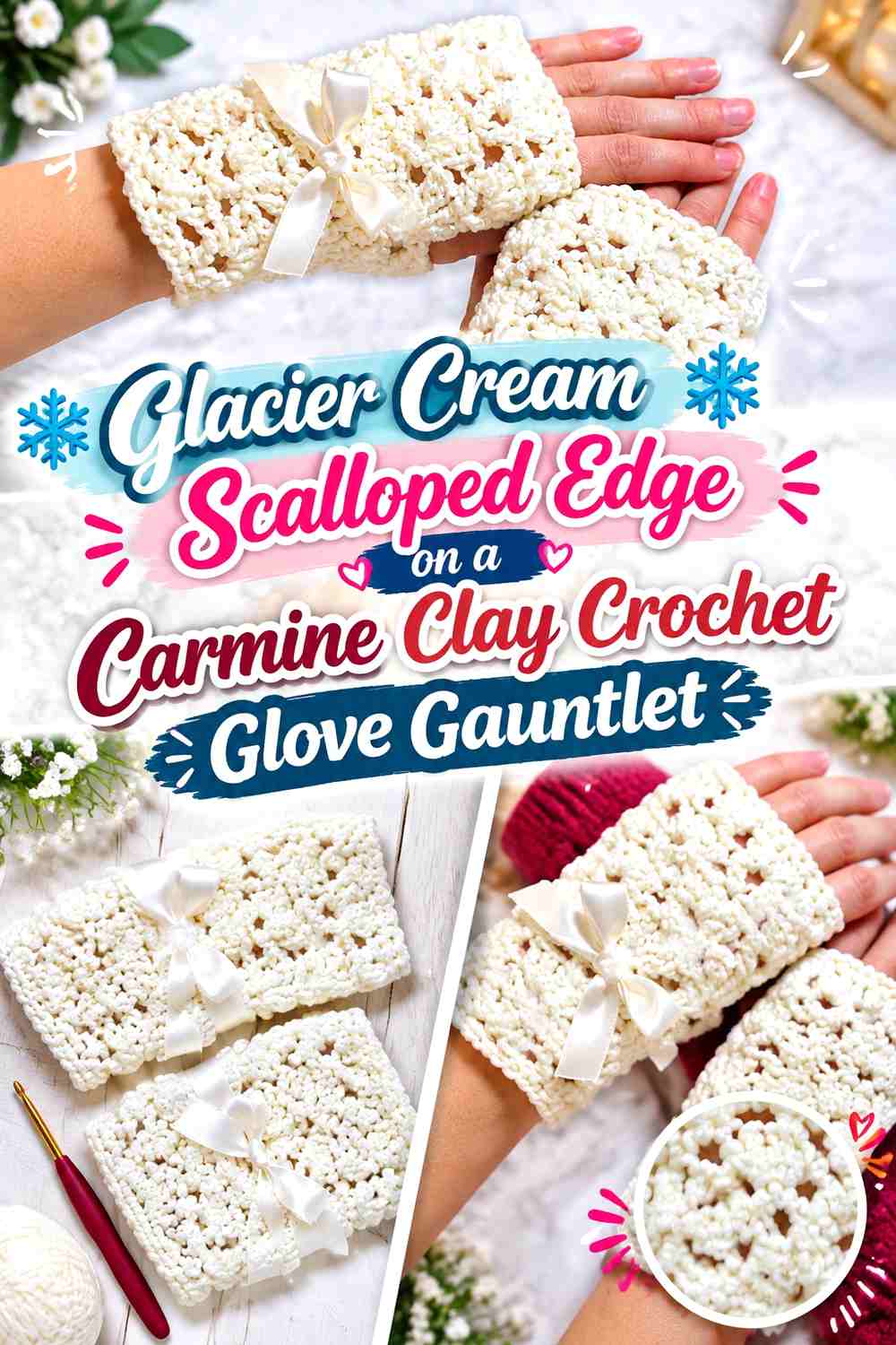 Glacier Cream Scalloped Edge on a Carmine Clay Crochet Glove Gauntlet