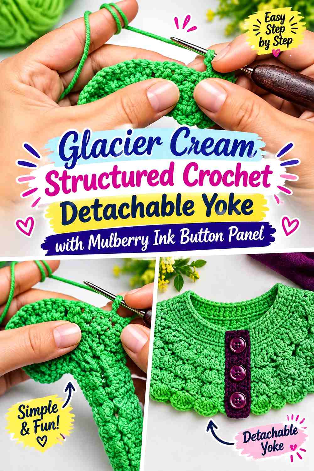 Glacier Cream Structured Crochet Detachable Yoke with Mulberry Ink Button Panel