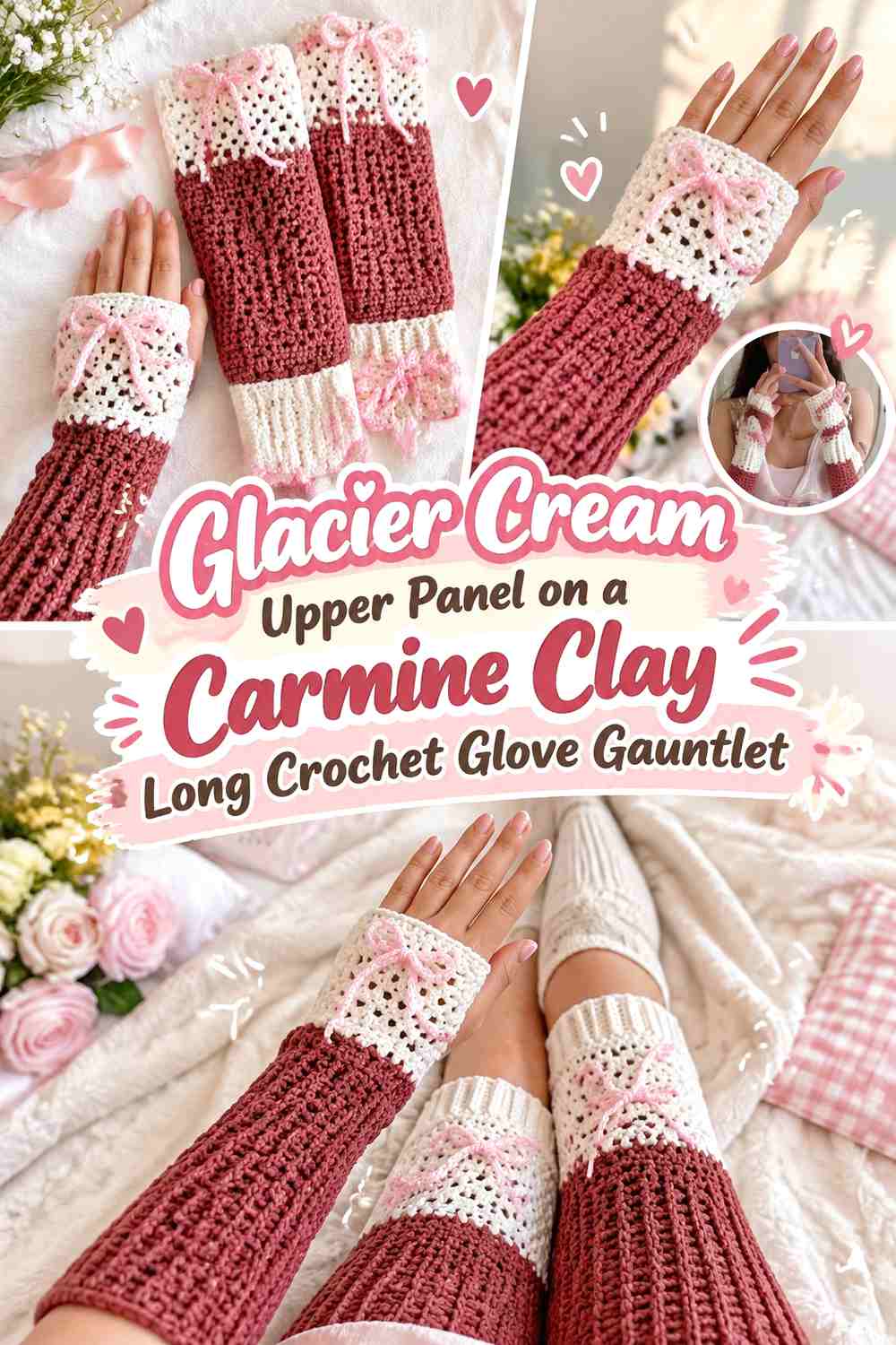 Glacier Cream Upper Panel on a Carmine Clay Long Crochet Glove Gauntlet
