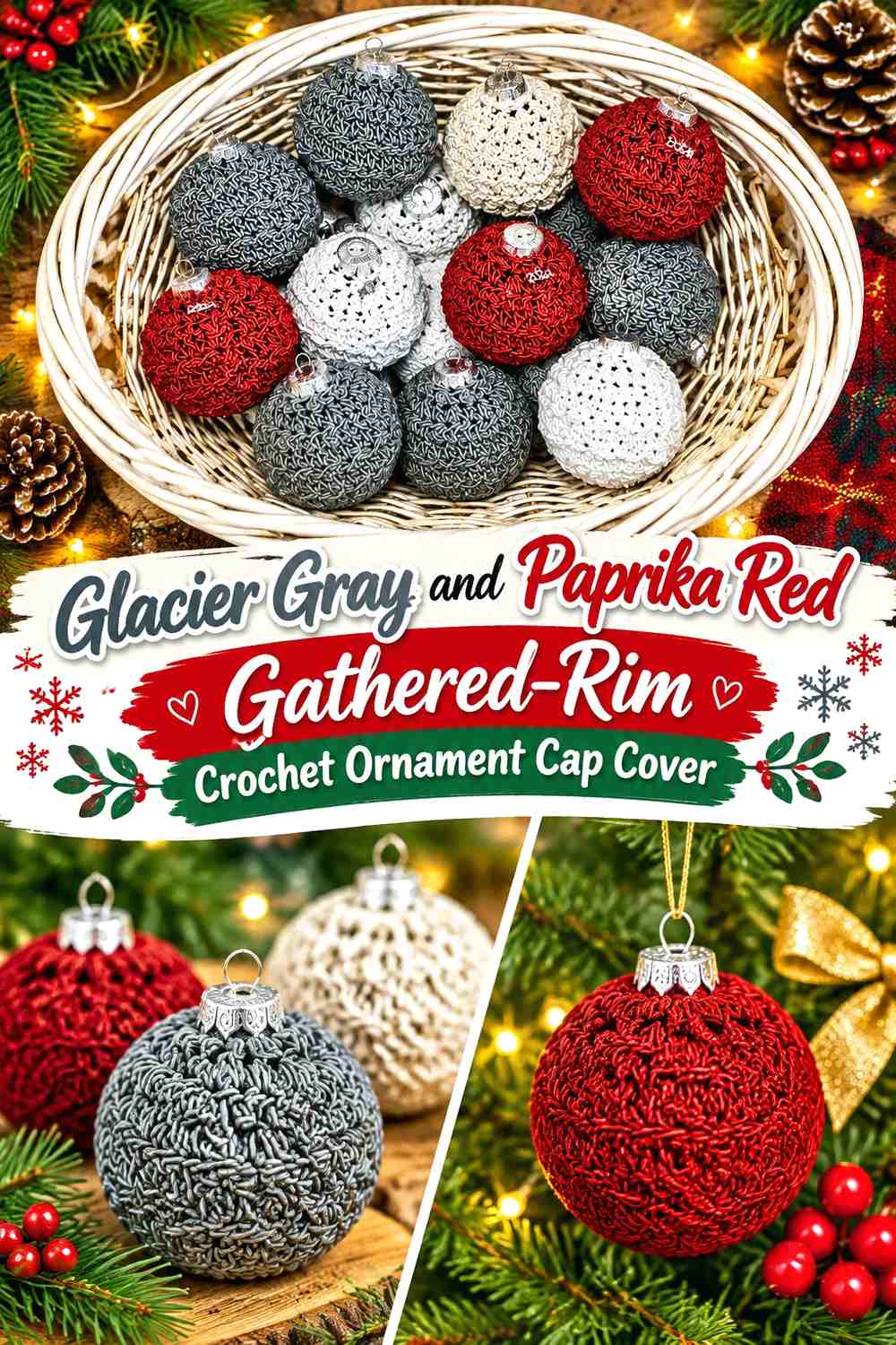 Glacier Gray and Paprika Red Gathered Rim Crochet Ornament Cap Cover