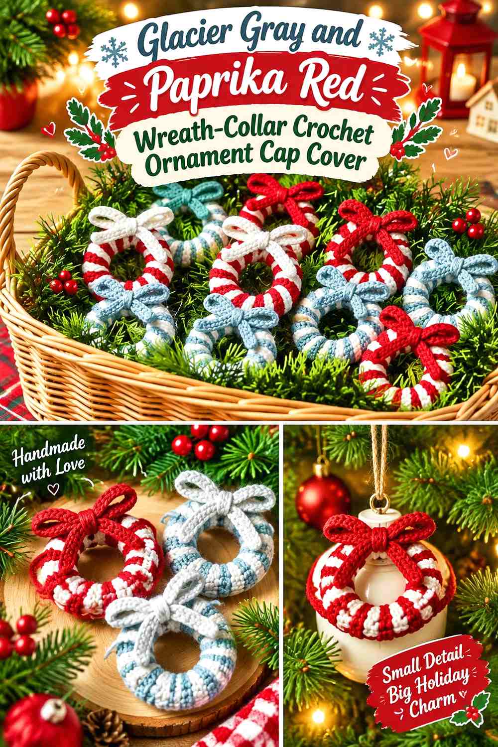 Glacier Gray and Paprika Red Wreath Collar Crochet Ornament Cap Cover
