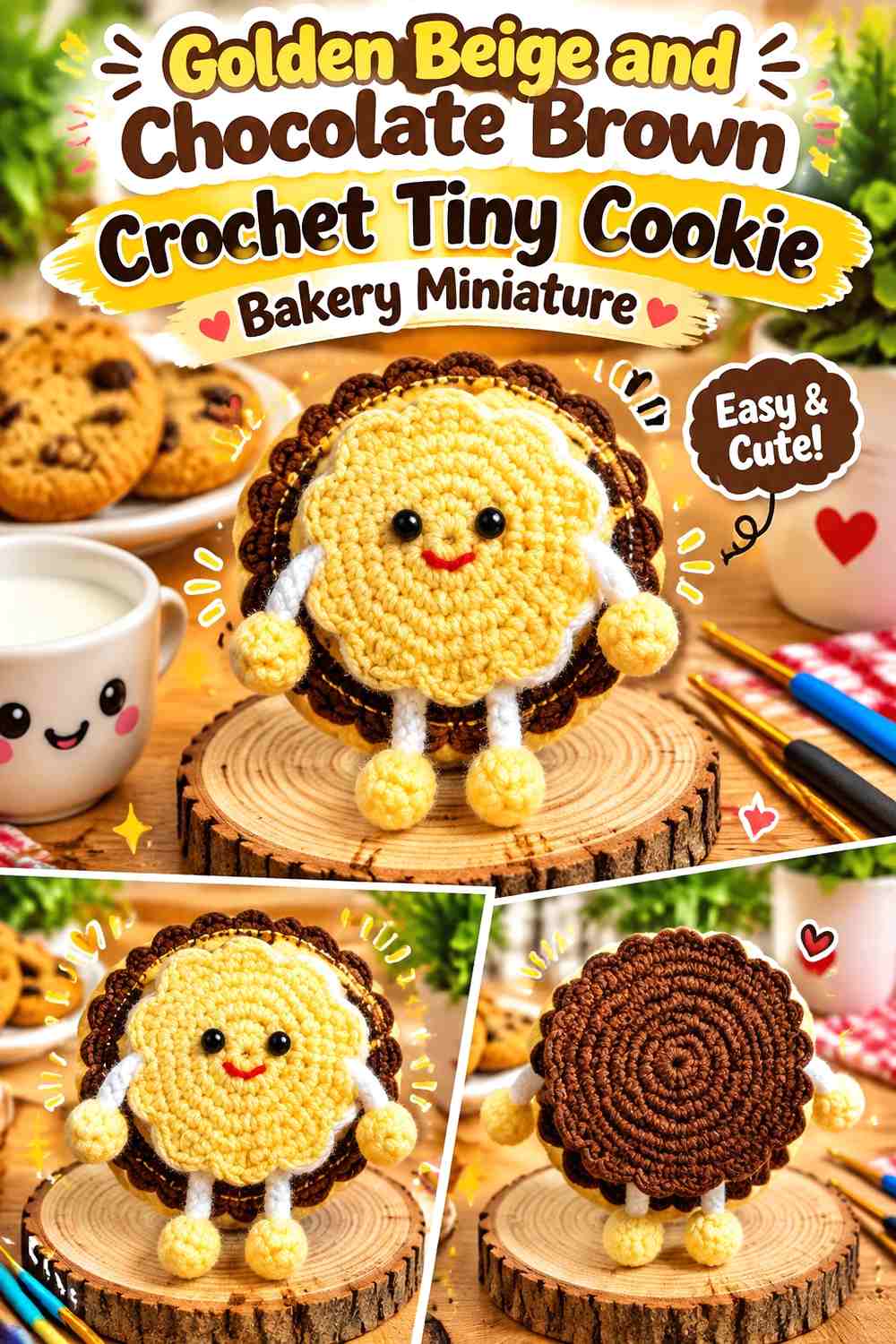 Golden Beige and Chocolate Brown Crochet Tiny Cookie Bakery Miniature
