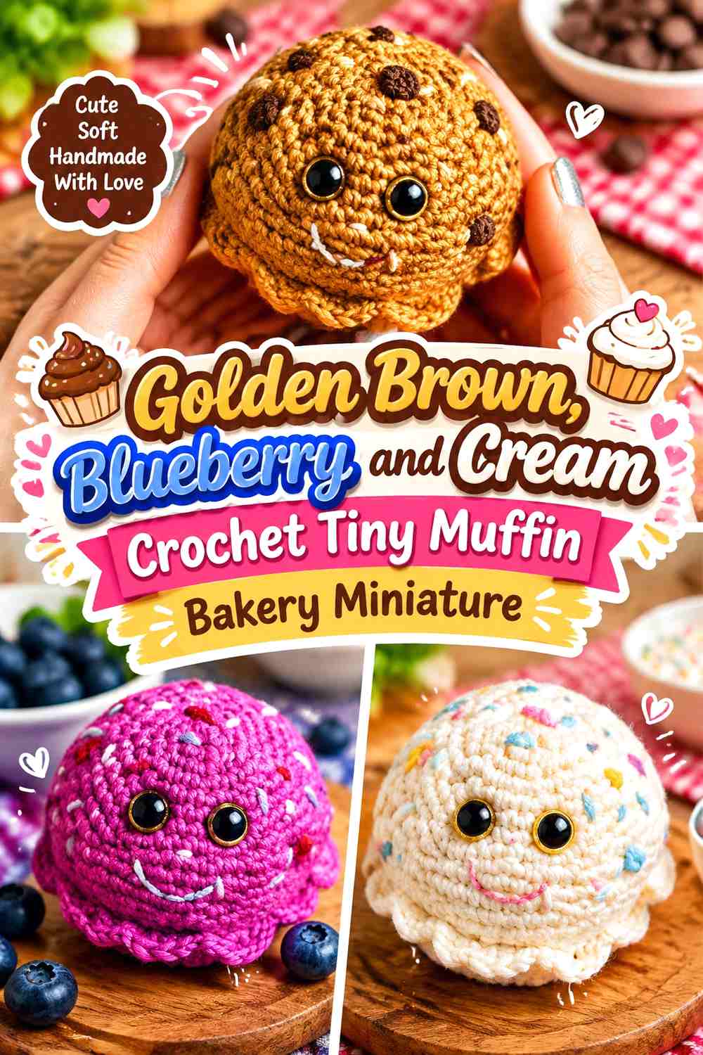 Golden Brown, Blueberry, and Cream Crochet Tiny Muffin Bakery Miniature
