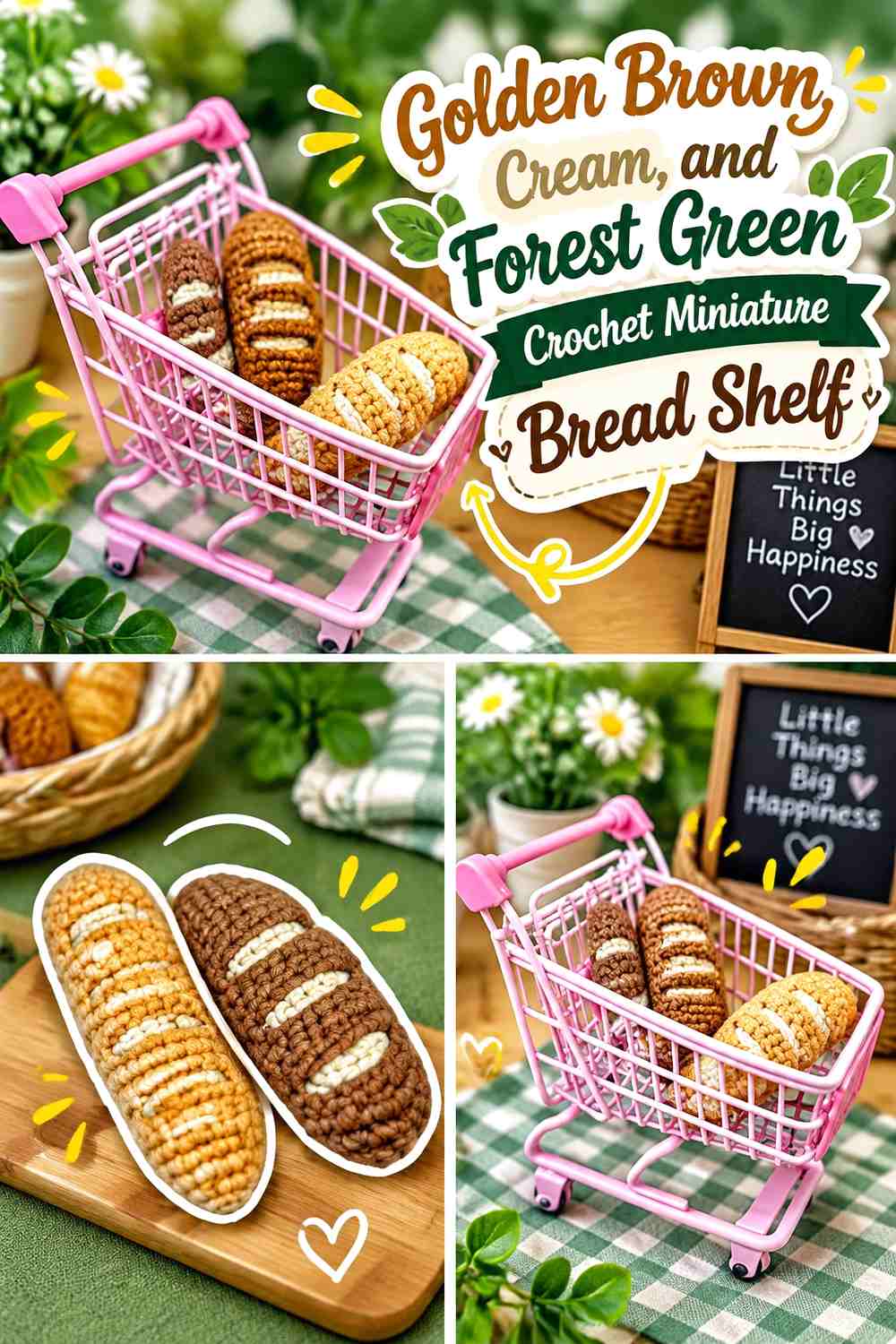 Golden Brown, Cream, and Forest Green Crochet Miniature Bread Shelf