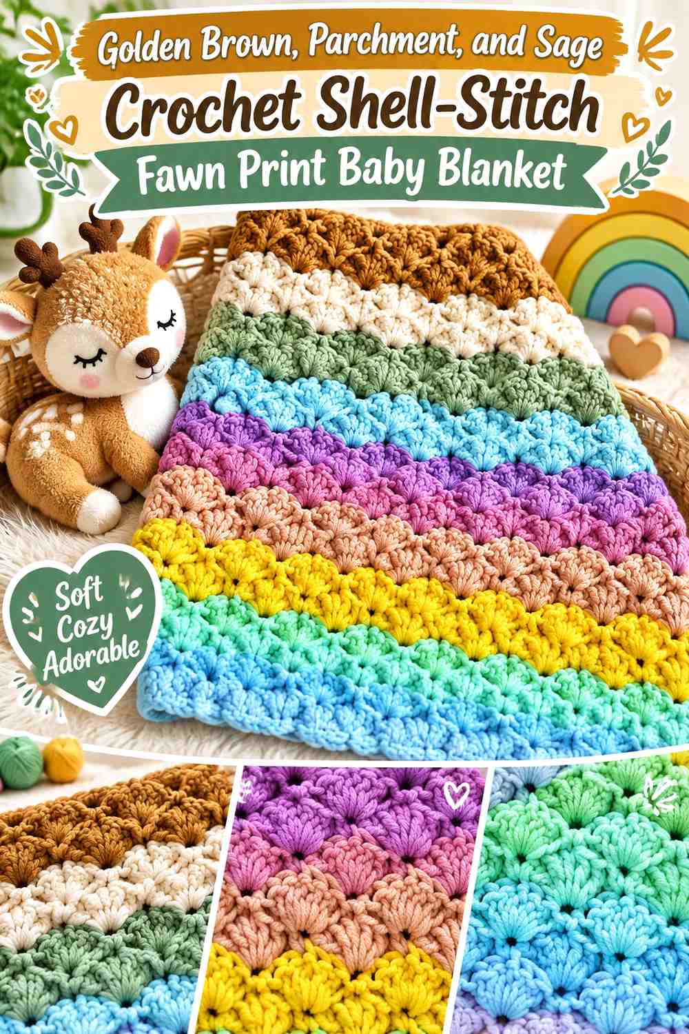 Golden Brown, Parchment, and Sage Crochet Shell-Stitch Fawn Print Baby Blanket