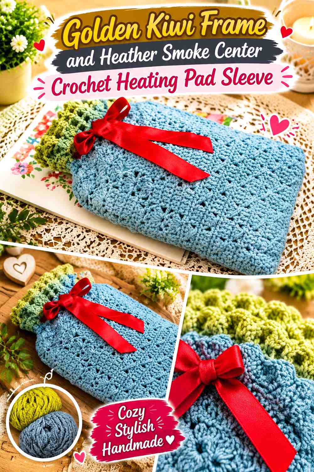 Golden Kiwi Frame and Heather Smoke Center Crochet Heating Pad Sleeve