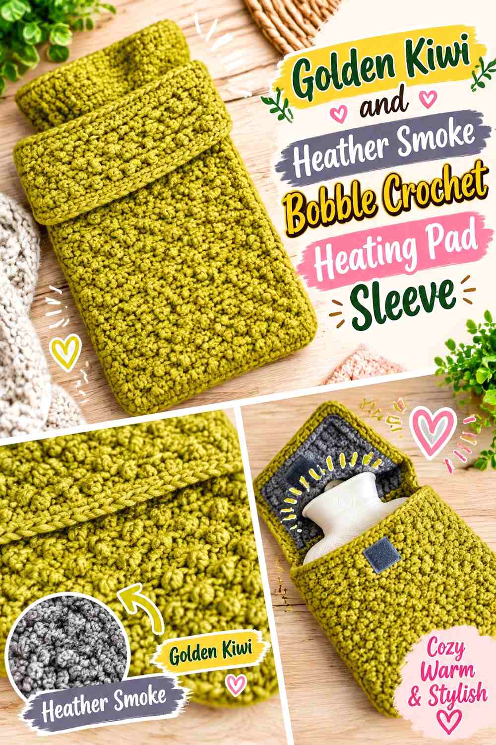 Golden Kiwi and Heather Smoke Bobble Crochet Heating Pad Sleeve