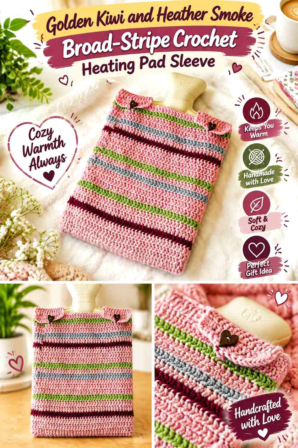 Golden Kiwi and Heather Smoke Broad-Stripe Crochet Heating Pad Sleeve