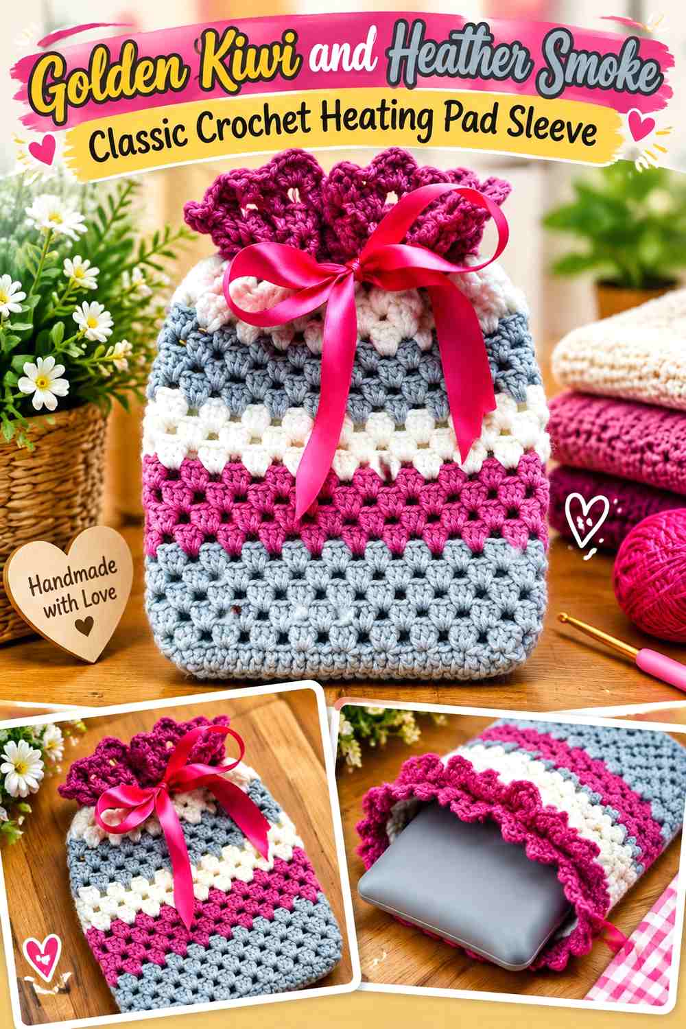 Golden Kiwi and Heather Smoke Classic Crochet Heating Pad Sleeve